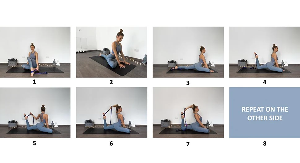 A woman showing how to do pigeon pose step by step
