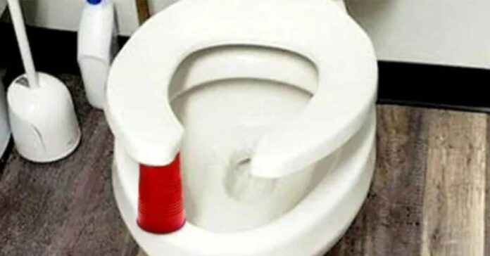 RED CUP UNDER TOILET SEAT