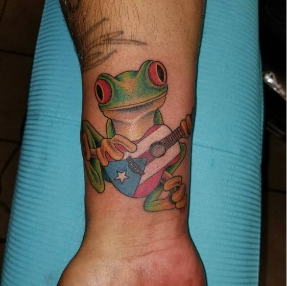Frog Playing Puerto Rican Guitar Tattoo