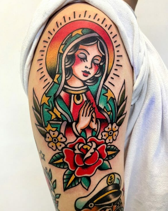 colorful Virgin Mary forearm tattoo