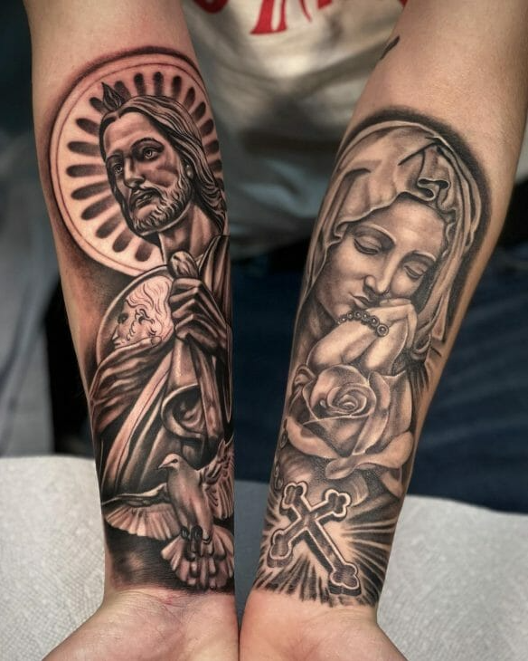 Virgin Mary and Jesus tattoos on both hands