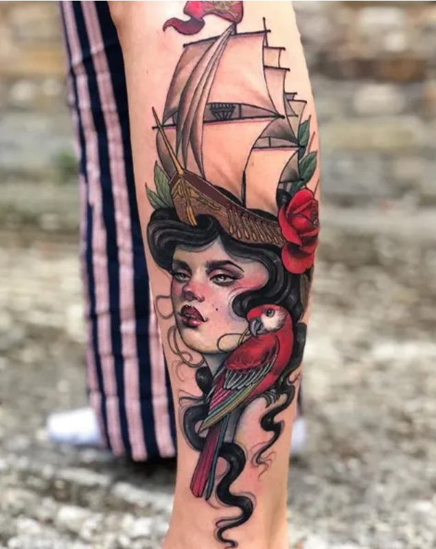 ROSE, SHIP , PARROT AND WOMEN FACE TATTOO