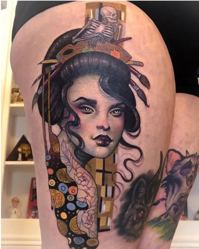CHINESE WOMEN FACE AND SKULL TATTOO