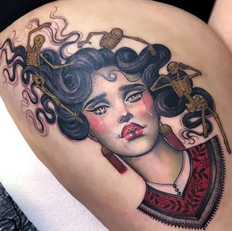 CRYING WOMEN FACE TATTOO WITH MINI SKELETONS ON HAIR