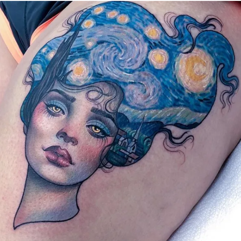 WOMEN FACE TATTOO WITH BLUE HAIR