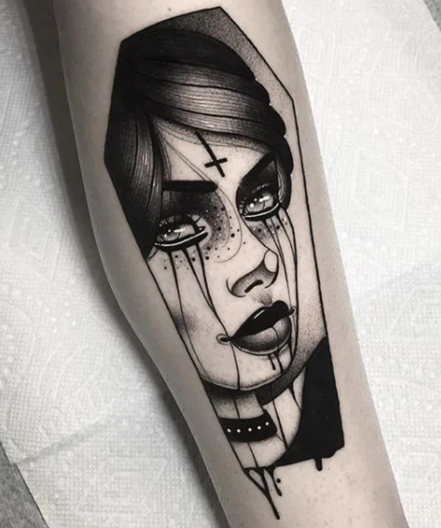 BLACK AND GREY WOMEN FACE TATTOO ON FOREARM