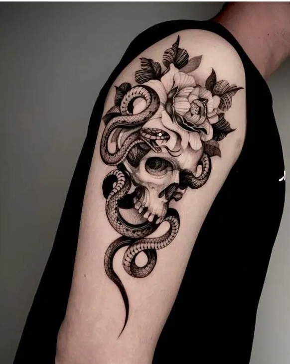 Snake Flower Tattoo Design With Skulls