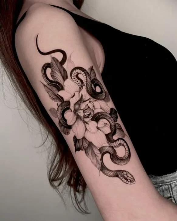 Snake Flower Tattoo Design With Skulls