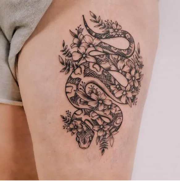 Python Snake Tattoo Design With Jasmine Flowers