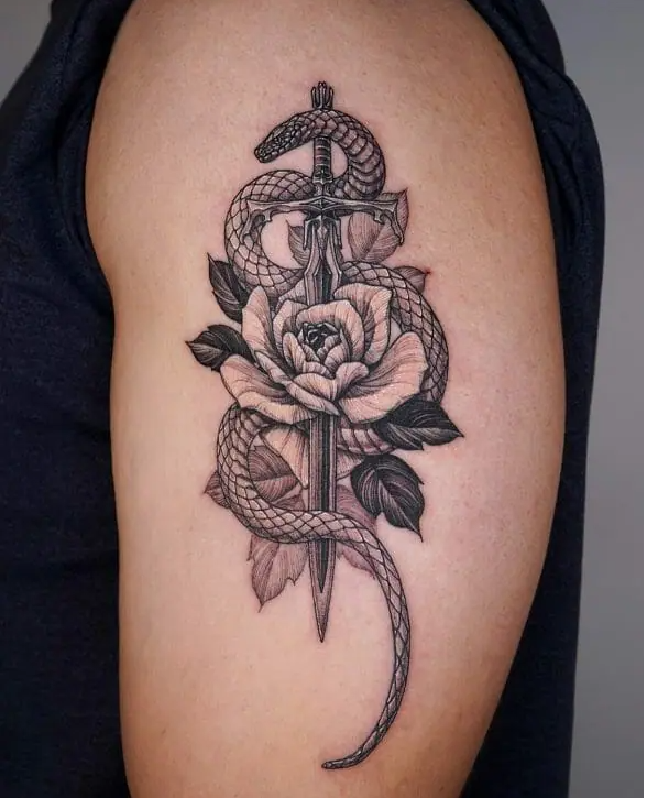 Snake Flower Tattoo Design with a Beautiful Sword
