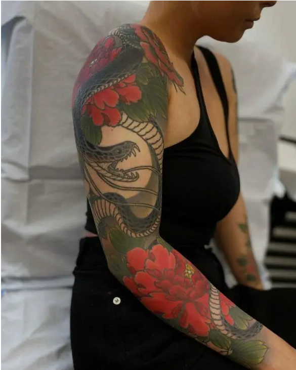 Snake And Peonies flower Sleeve Tattoo Ideas