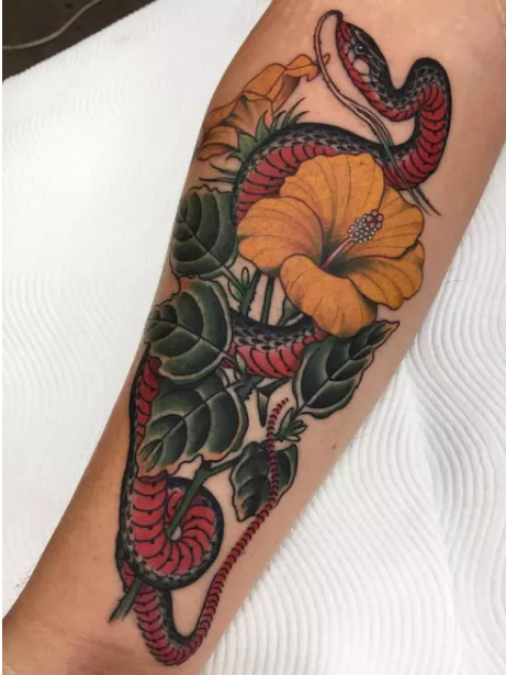 RED SNAKE YELLOW FLOWER TATTOO
