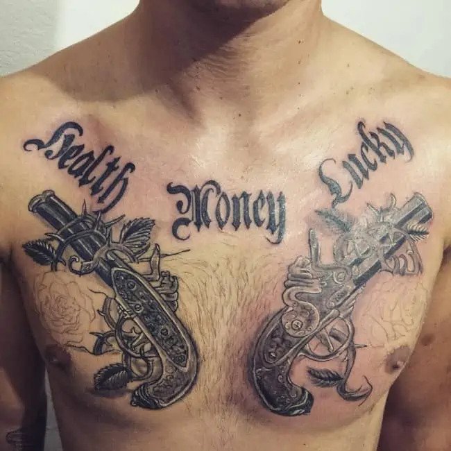 health, money, lucky gun gang tattoo on chest