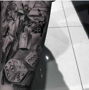 rolling dice with running gangster mens forearm shaded sleeve tattoo
