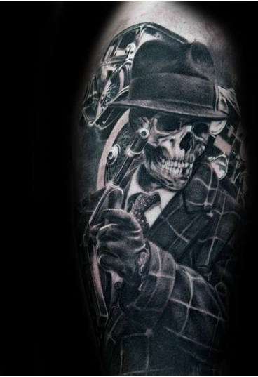 skeleton gangster mens black and grey shaded thigh tattoos