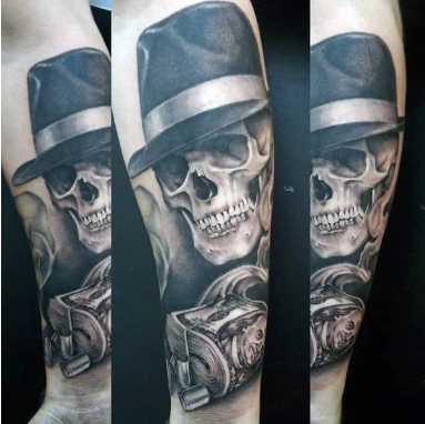 skull with mobster hat and money mens gangster forearm tattoos