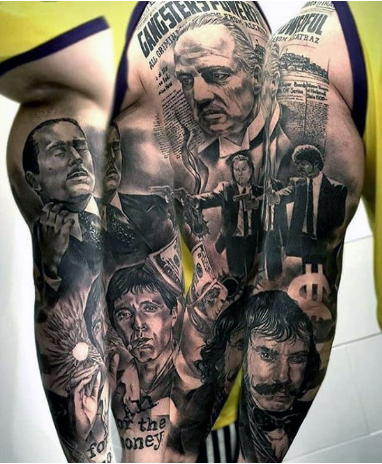 mens gangster themed full sleeve tattoo