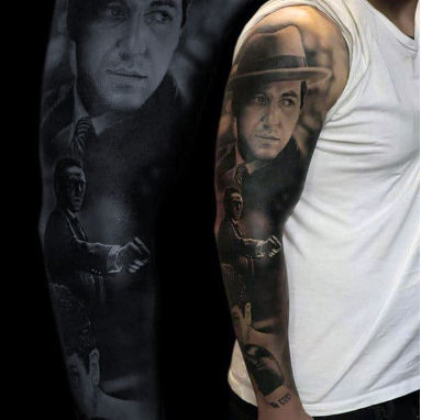 masculine full sleeve male gangster themed tattoo inspiration