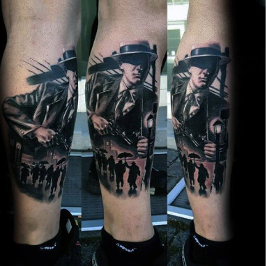 mens lower leg gangster tattoo