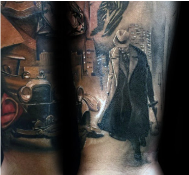 city skyline gangster mens forearm tattoo
