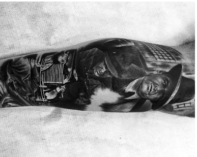 realistic gangster scene mens leg sleeve tattoo