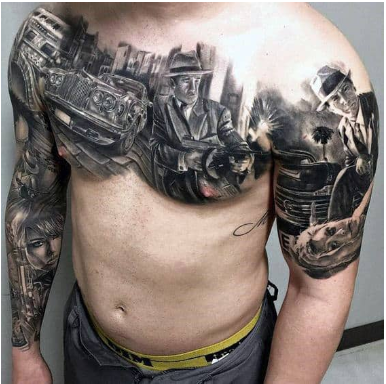 upper chest gangster themed tattoo for men