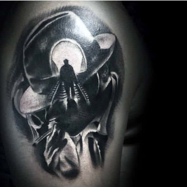 shadow gangster on railroad tracks mens upper arm tattoos