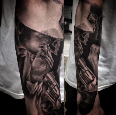 mens gangster and revolver forearm sleeve tattoo ideas
