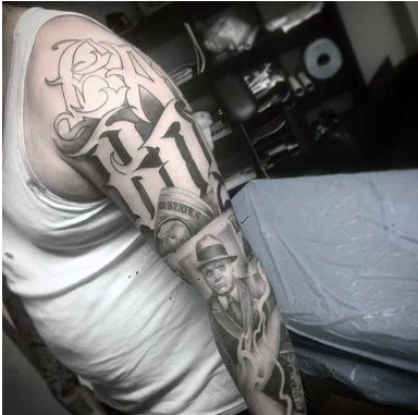 modern lettering gangster mens sleeve tattoos