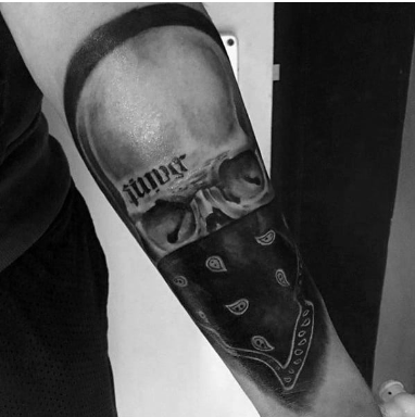 skull with bandana mens gangster outer forearm tattoos 
