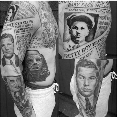 mobster and gangster newspaper mens full sleeve tattoos