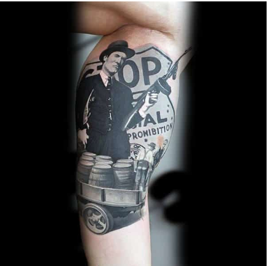 black and white ink gangster mens inner arm bicep tattoos