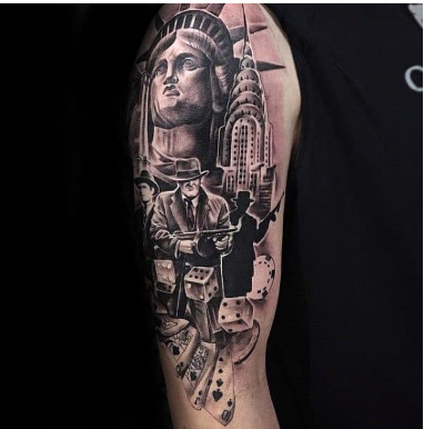 new york city themed male gangster arm tattoo design inspiration