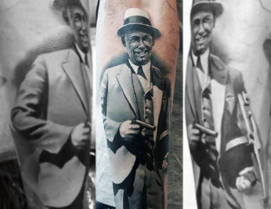 realistic mens shaded grey and white ink gangster forearm tattoos 