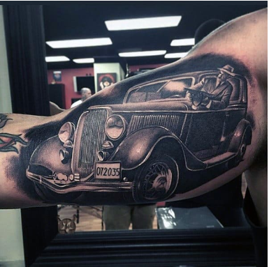 vintage car mobster gangster men bicep tattoos