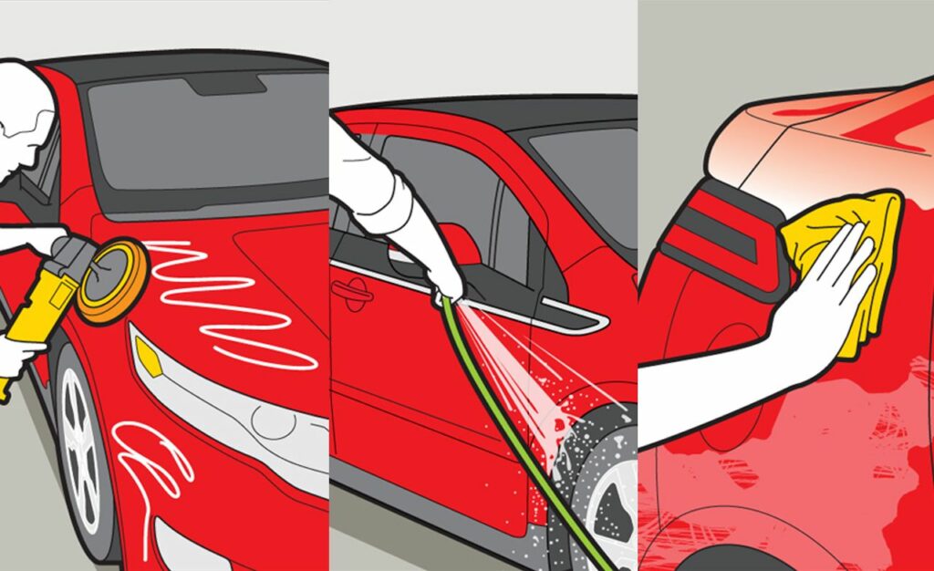 Steps to shine a car using power waxer and microfiber cloth