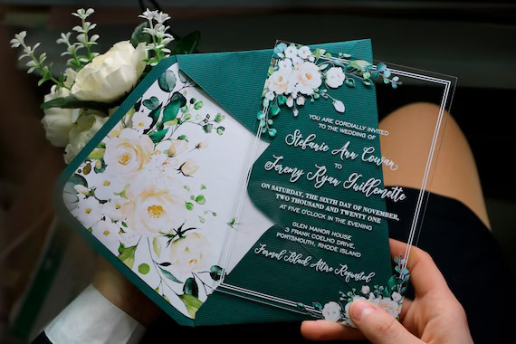 Clear Wedding Invitations With ivory White Roses and Green 