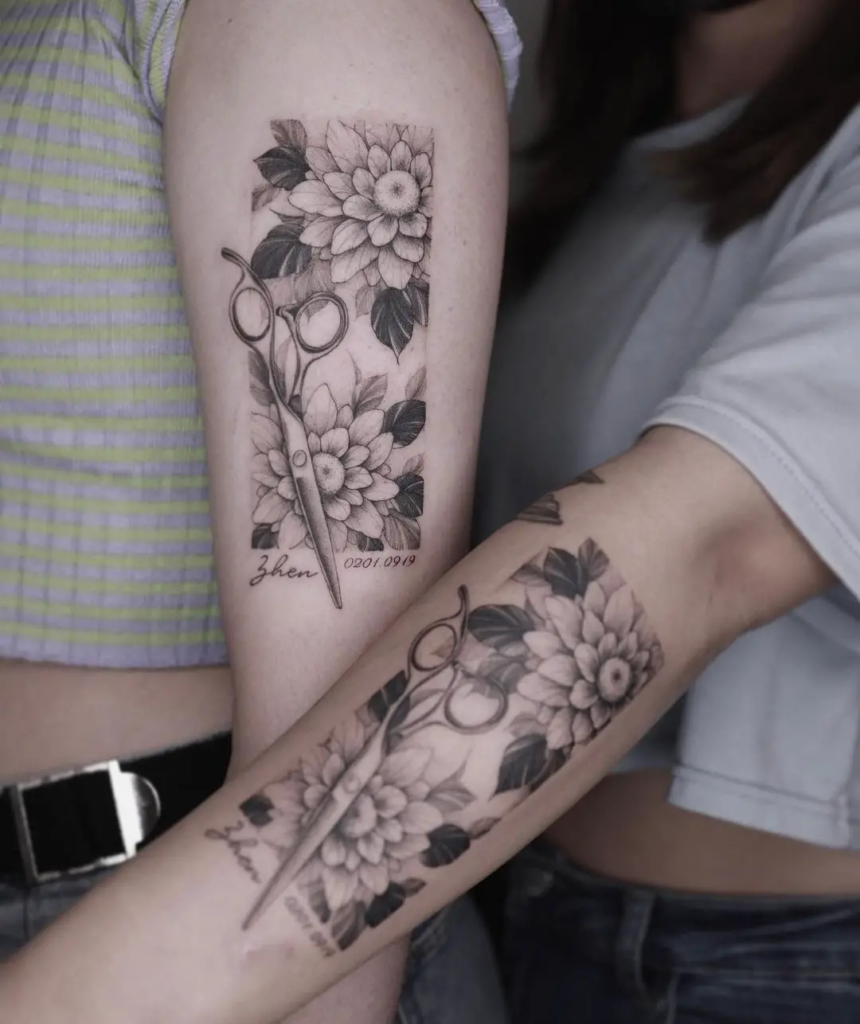 Matching Scissor and Flower Father Daughter Tattoo