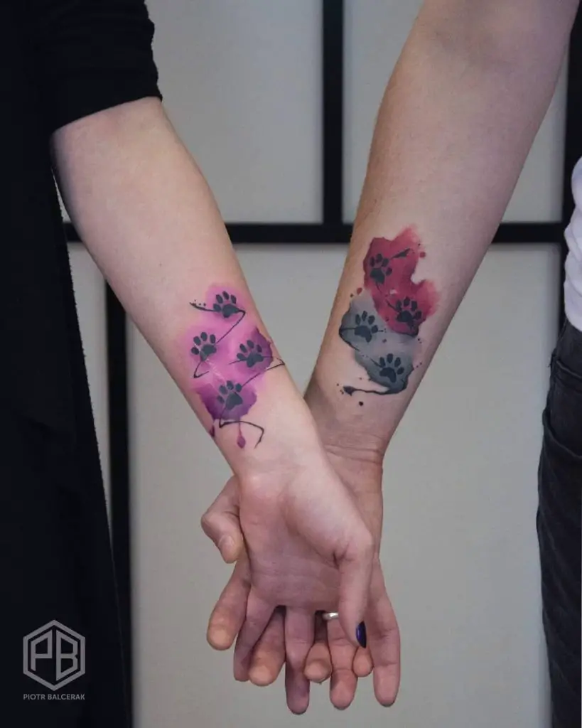 Paw Colorful Father Daughter Tattoos