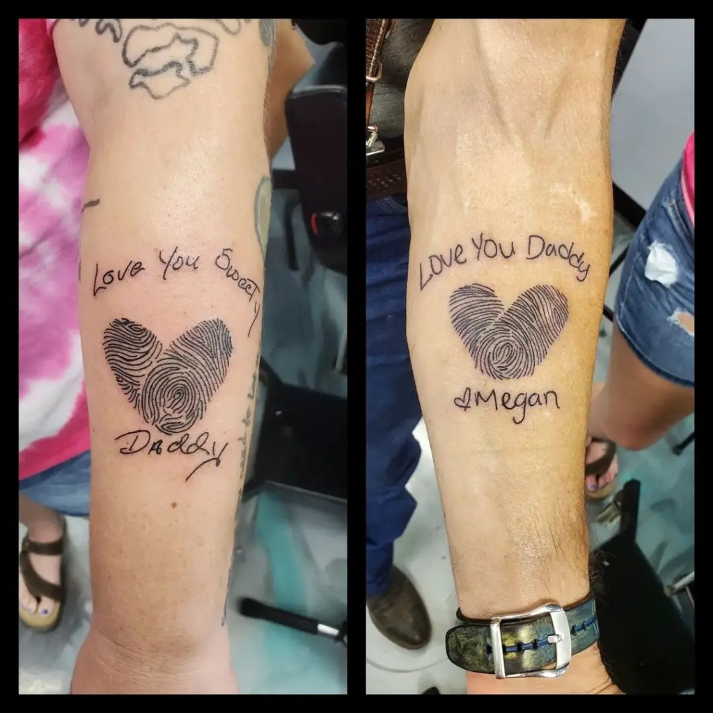 Fingerprint Heart and Quote Father And Daughter Tattoos