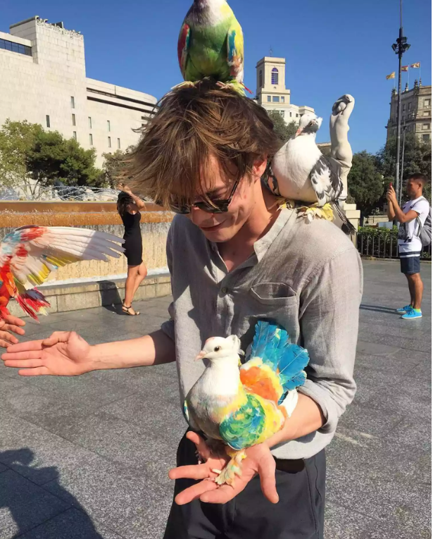 Birds on Charlie Heaton's head picture posted by Natalia Dyer