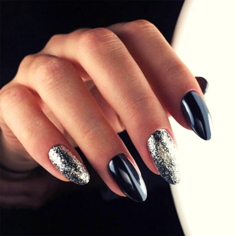 Black almond shaped nails with Sparkle