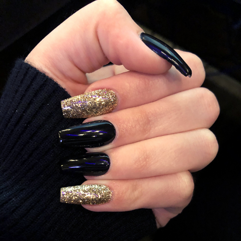 Black and Gold Sparkle Coffin Nails