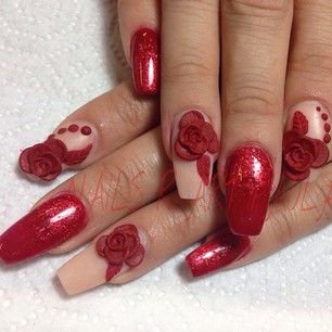Long Coffin Nails with Red Roses
