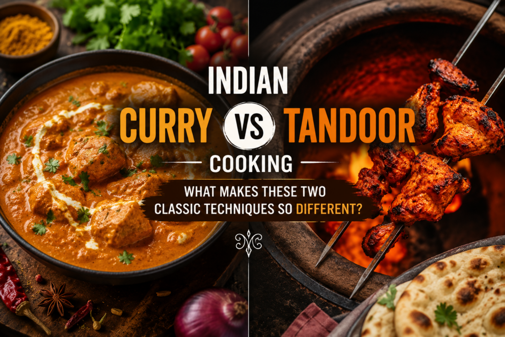 Indian curry and tandoor cooking comparison featuring a rich curry, tandoori chicken, naan, and a traditional clay tandoor.