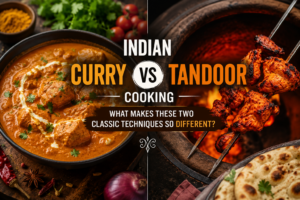 Indian curry and tandoor cooking comparison featuring a rich curry, tandoori chicken, naan, and a traditional clay tandoor.